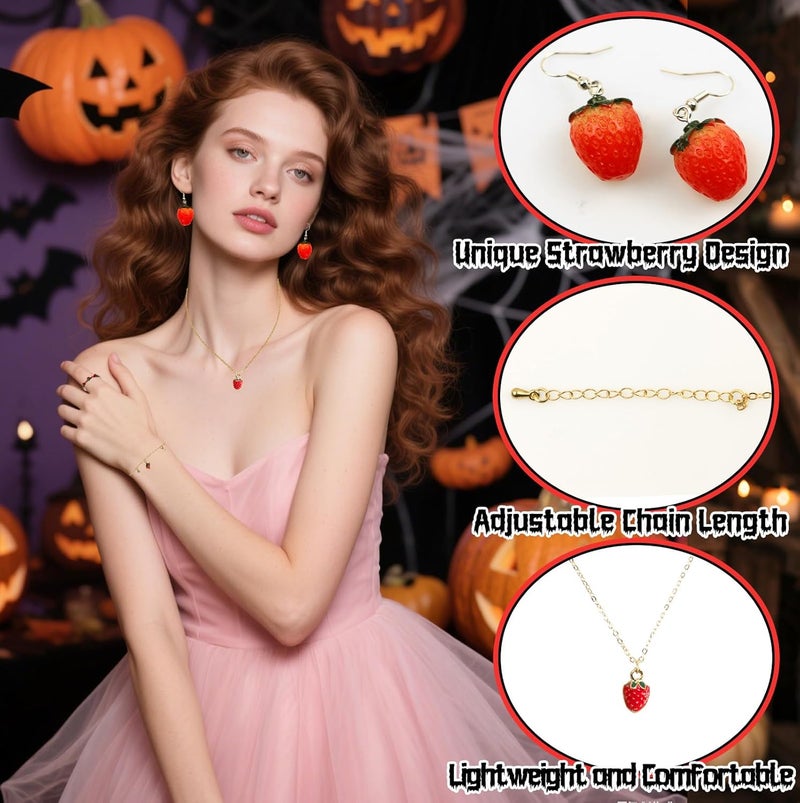 Voiiake Strawberry Costume Jewelry Set for Women - Cute Strawberry Accessories - Necklace, Earrings, Ring & Chain Bracelet for Halloween Party, Cosplay, Halloween Costumes - Image 4